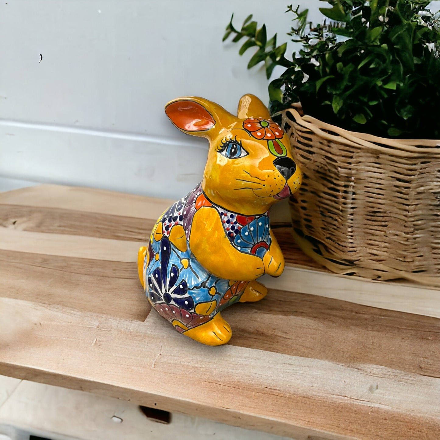 Colorful Handmade Talavera Bunny Statue | Mexican Rabbit Folk Art