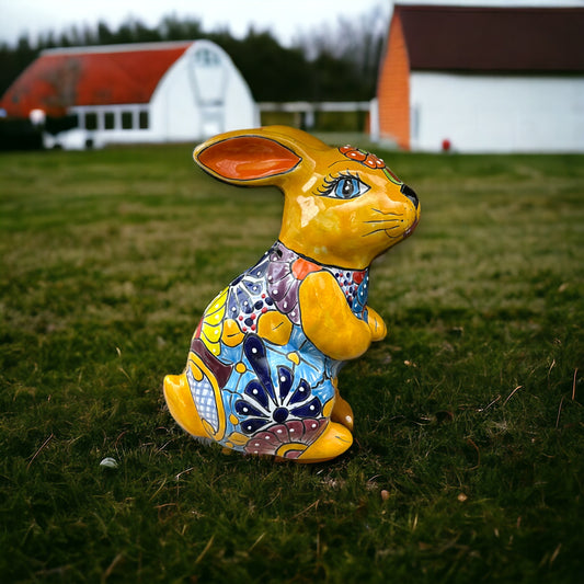 Colorful Handmade Talavera Bunny Statue | Mexican Rabbit Folk Art