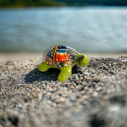 Vibrant Talavera Sea Turtle Sculpture | Hand-Painted Mini Mexican Pottery Animal