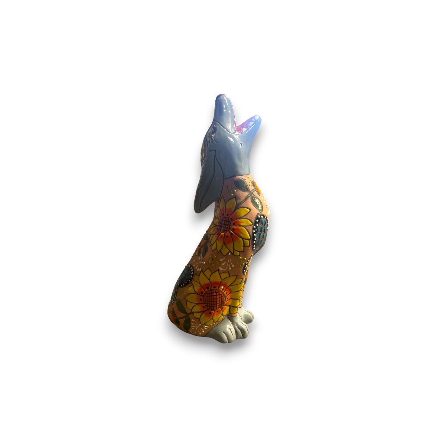 Colorful Talavera Howling Coyote Sculpture | Hand-Painted Mexican Art (Medium Size)