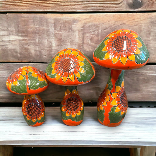 Hand-Painted Talavera Mushroom Trio | Colorful Sunflower Art (Large Size)