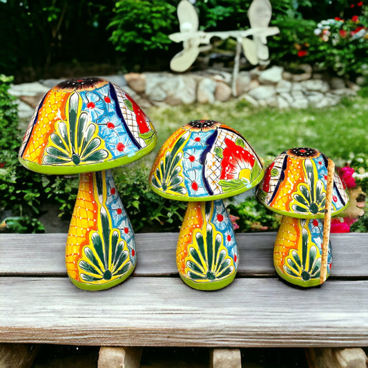 Set of 3 Talavera Mushrooms | Colorful Hand-Painted Mexican Statues