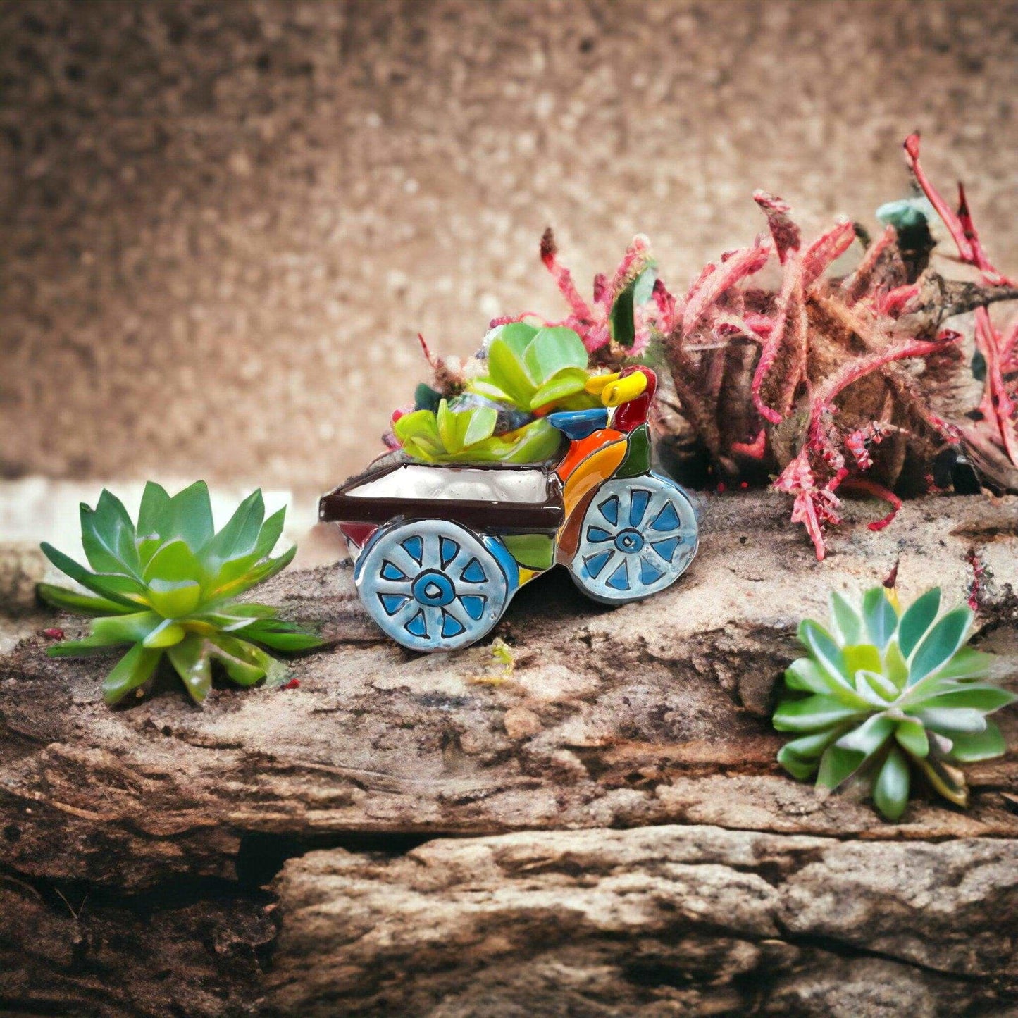 Hand-Painted Talavera Tricycle Planter | Colorful Ceramic Bike Statue (Small)