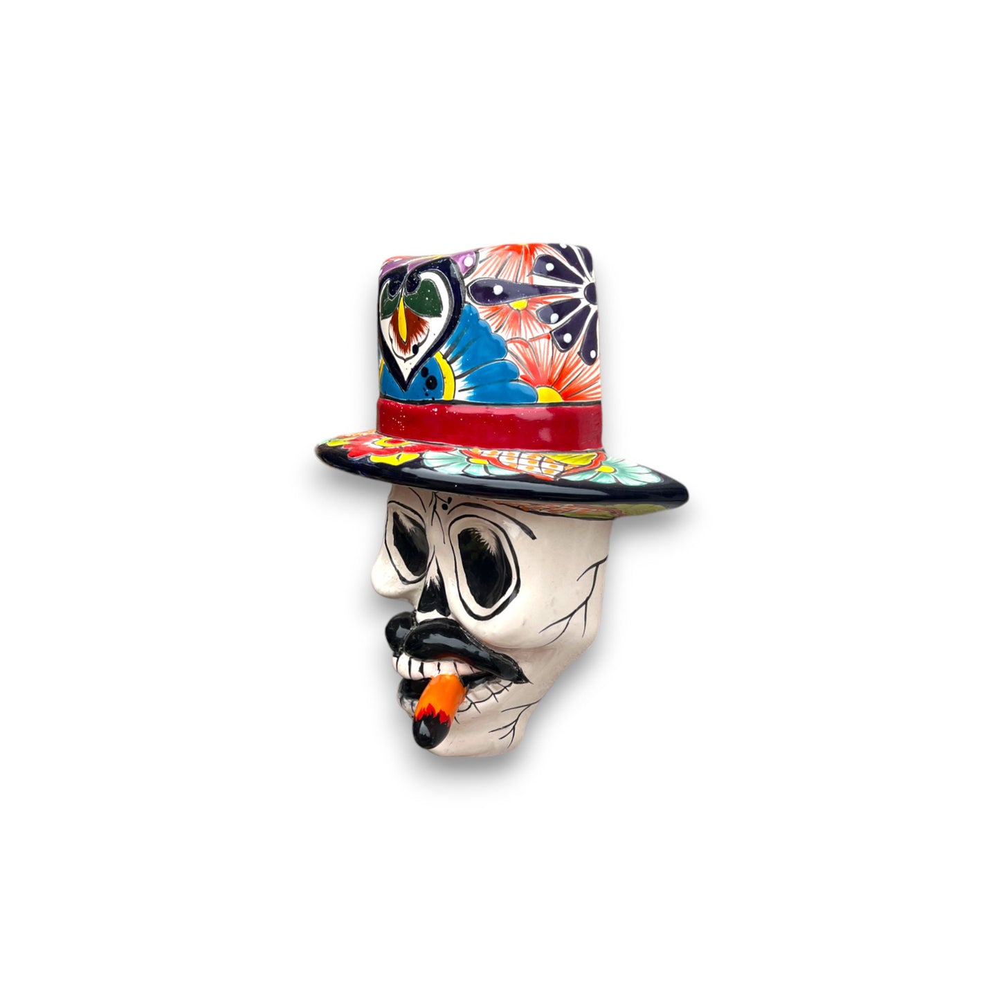 Handmade Talavera Smoking Man Skull | Colorful Mexican Wall Art (Medium)