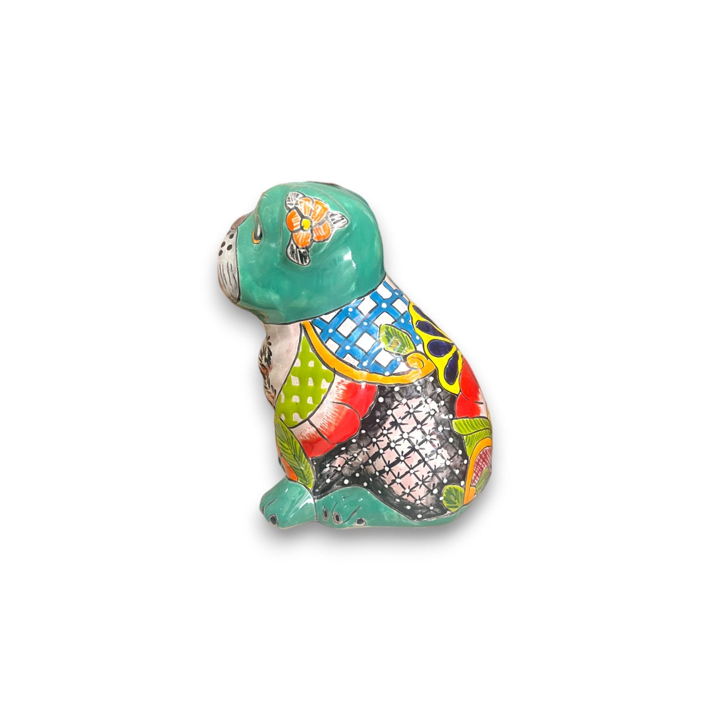 Colorful Handmade Talavera Pug Statue | Unique Medium Pug Animal Art