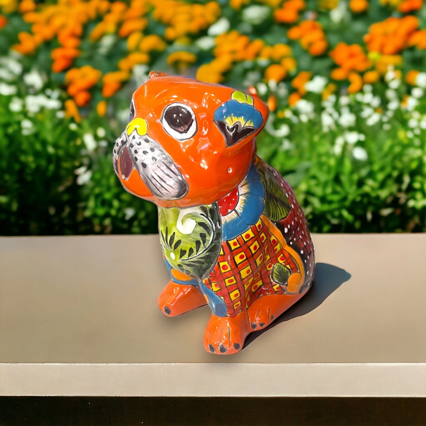 Colorful Handmade Talavera Pug Statue | Unique Medium Pug Animal Art
