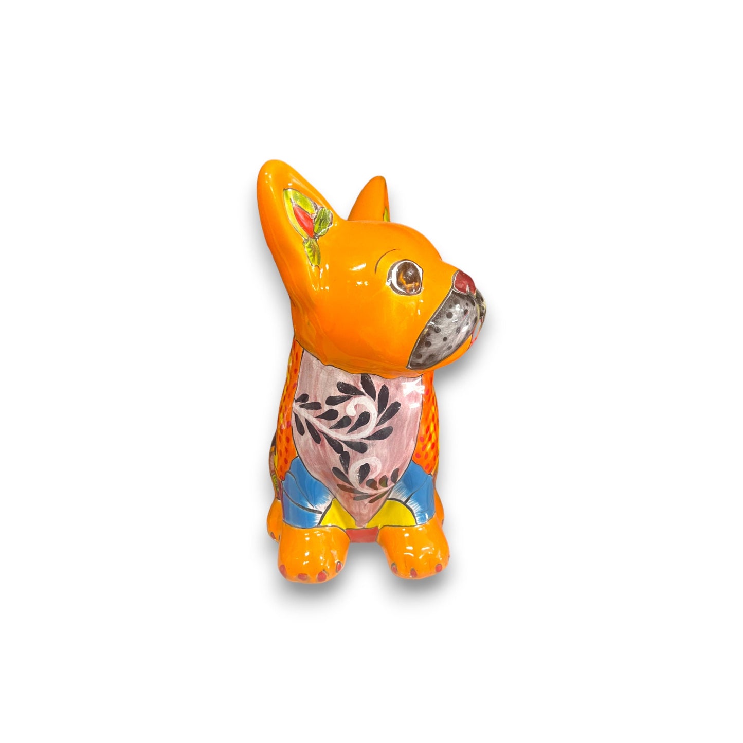 Vibrant Handcrafted Talavera French Bulldog Statue | Unique Medium Dog Sculpture