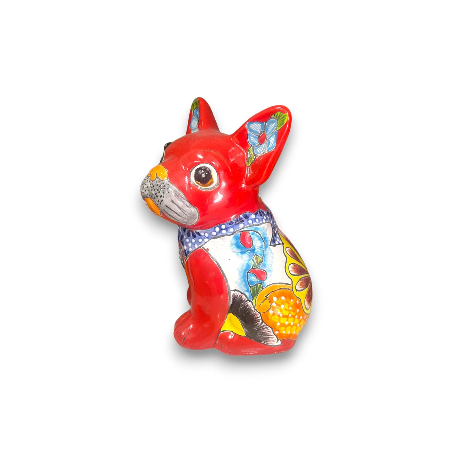 Vibrant Handcrafted Talavera French Bulldog Statue | Unique Medium Dog Sculpture