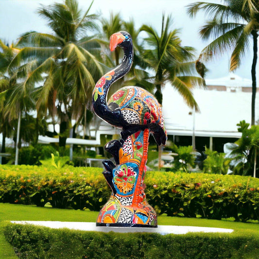 Large Talavera Flamingo Statue | Colorful Hand-Painted Mexican Bird Pottery (2.5 Feet Tall)