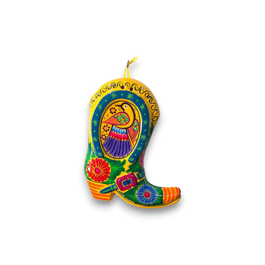 Guerrero Cowboy Boot Wall Art | Mexican Hand-Painted Pottery Decor colorful hand-painted Talavera boot with bird and floral motifs