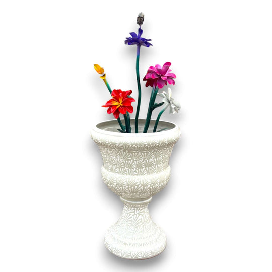 Talavera White Flower Pot | Handcrafted Mexican Ceramic Planter - hand-painted white Talavera ceramic planter with colorful metal flowers