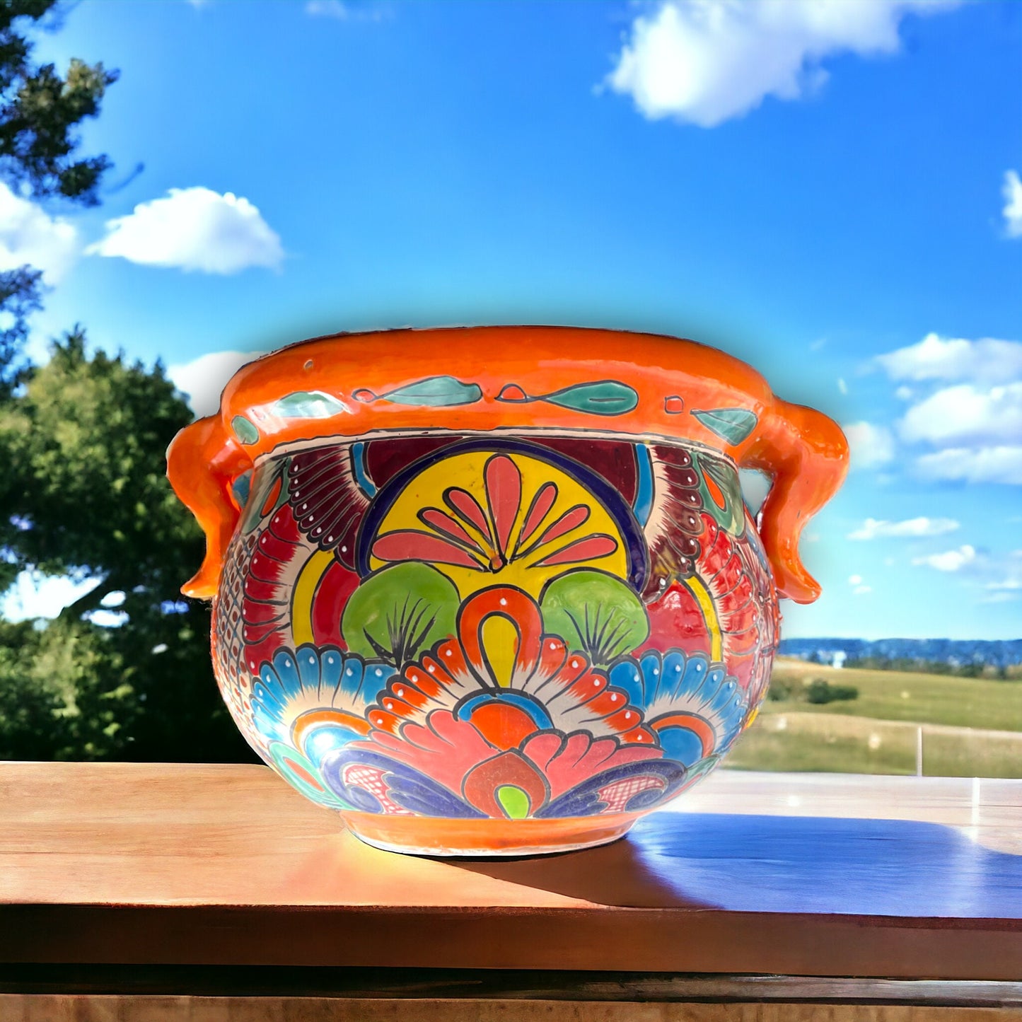 Mexican Talavera Handcrafted Flower Pot | Colorful Floral Design (Large)