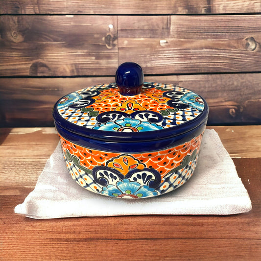 Vibrant Hand-painted Talavera Tortilla Warmer | Authentic Mexican Pottery from Puebla in Dark Blue