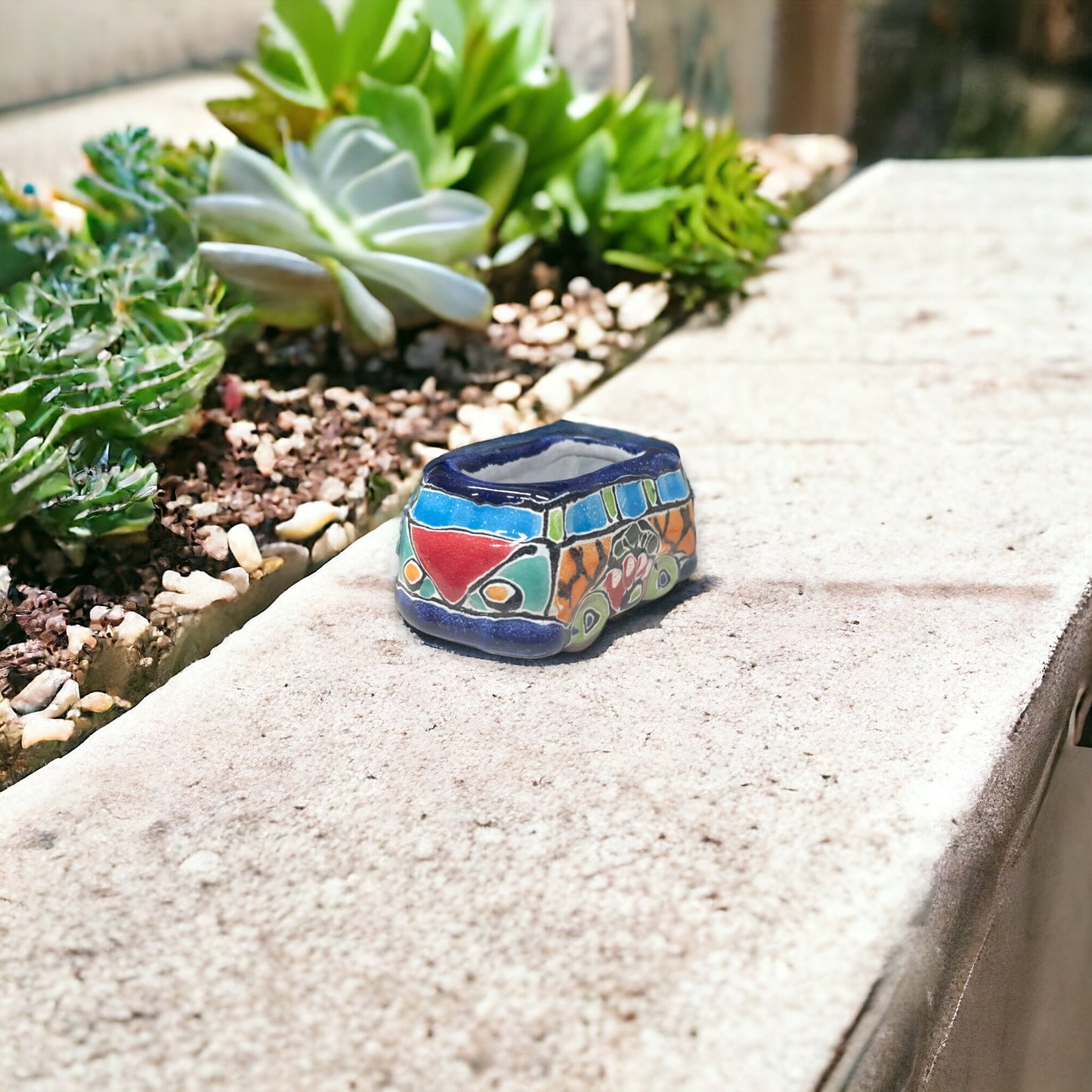 Vibrant Talavera Bus Planter | Colorful Hand-Painted Mexican Animal Pottery