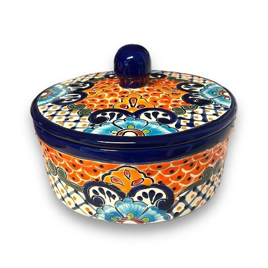 Talavera Tortilla Warmer | Hand-Painted Dark Blue Mexican Pottery