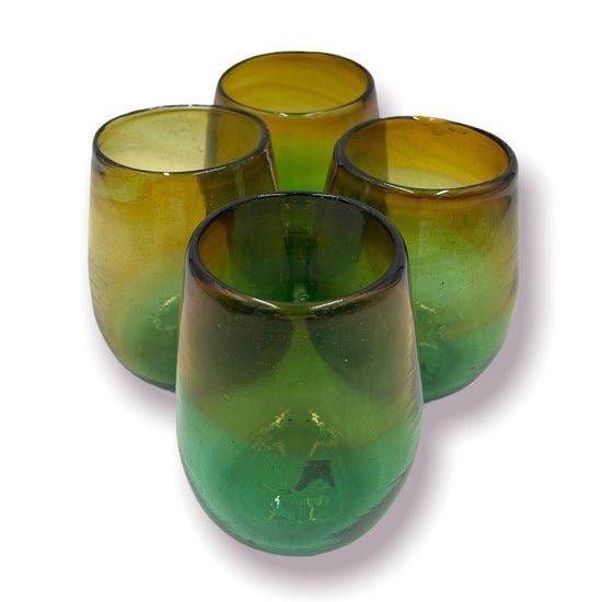 Hand Blown Stemless Wine Glasses 100% Recycled Glass w/infused newest Green Accent