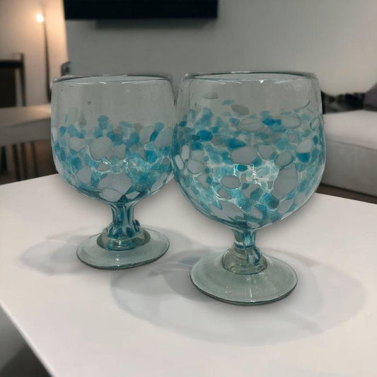 Giant XL Hand Blown Brandy Snifter Glasses | Blue and White
