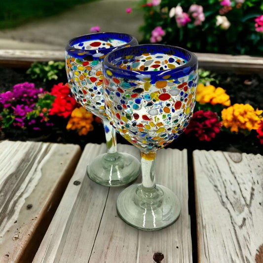 Hand Blown Confetti Wine Glasses | Blue Rim Pebbled Glasses