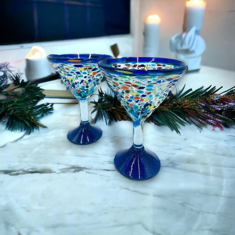 Handcrafted Confetti Rock Martini Glasses | Mexican Fiesta Inspired