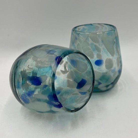 Hand Blown Stemless Wine Glasses | White and Blue Snow Design