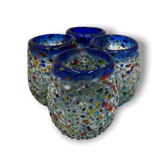 Vibrant Hand Blown Mexican Shot Glasses | Colorful Confetti with a Charming Blue Rim