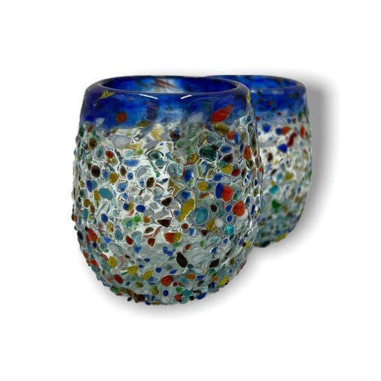 Vibrant Hand Blown Mexican Shot Glasses | Colorful Confetti with a Charming Blue Rim