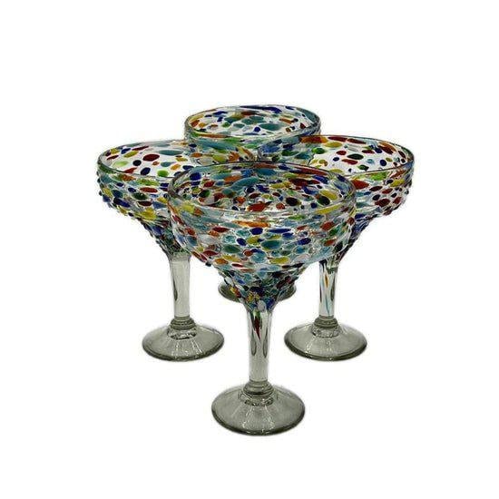 Hand Blown Mexican Margarita Glasses | Colorful Pebbled Confetti Design