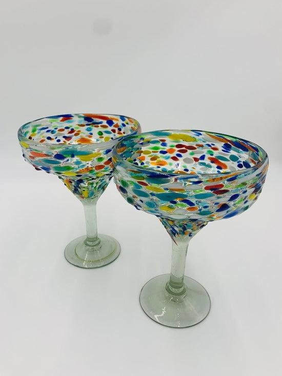 Hand Blown Mexican Margarita Glasses | Colorful Pebbled Confetti Design