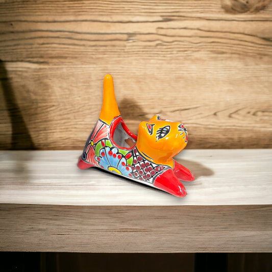 Colorful Talavera Cat Planter | Handcrafted Mexican Animal Pottery (Small)