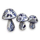 Talavera Mushroom Statue Set | Hand-Painted Mexican Garden Decor - three blue and white hand-painted Talavera ceramic mushrooms with floral and checkered patterns