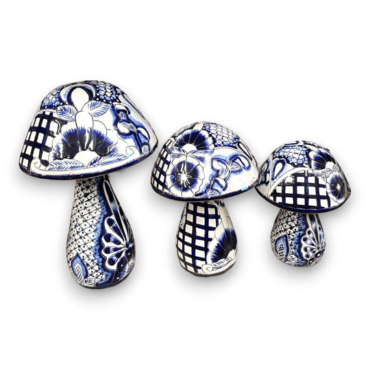 Talavera Mushroom Statue Set | Hand-Painted Mexican Garden Decor - three blue and white hand-painted Talavera ceramic mushrooms with floral and checkered patterns