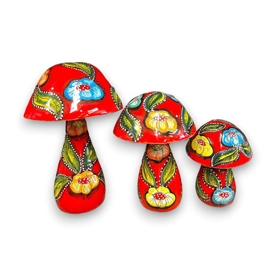 Talavera Mushroom Statue Set | Hand-Painted Mexican Garden Decor - three red hand-painted Talavera ceramic mushrooms with floral patterns