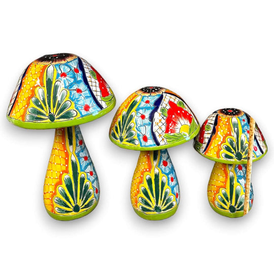 Talavera Mushroom Statue Set | Hand-Painted Mexican Garden Decor - three colorful hand-painted Talavera ceramic mushrooms with floral swirls