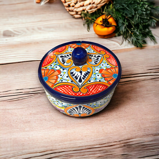 Vibrant Hand-painted Talavera Tortilla Warmer | Authentic Mexican Pottery from Puebla in Dark Blue