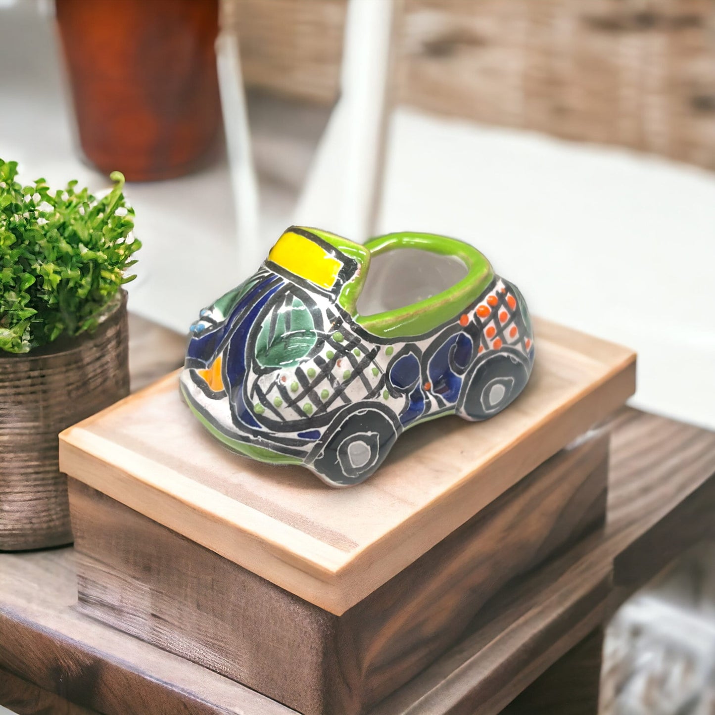 Colorful Hand-Painted Talavera Car Planter | Petite Mexican Animal Pottery