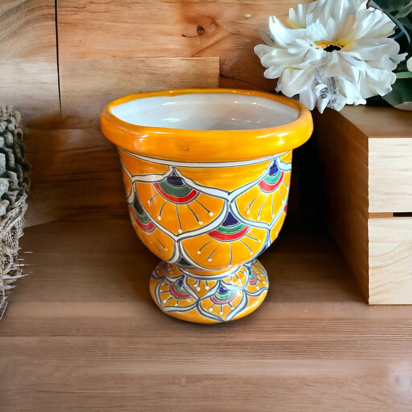 Hand-Painted Talavera Flower Pot | Colorful Peacock Design Planter (Medium)