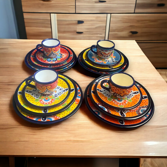 Colorful Handcrafted 16-Piece | Mexican Talavera Dinnerware Set (Seats 4)