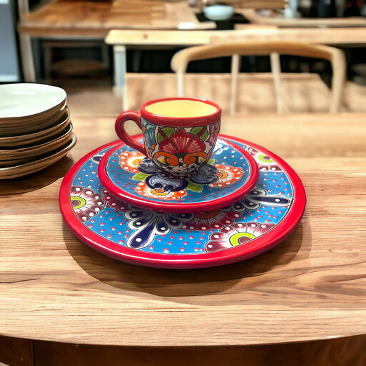 Colorful Talavera Dinnerware Set | Handcrafted Mexican Plates with Vibrant Red Rim (Seats 1)