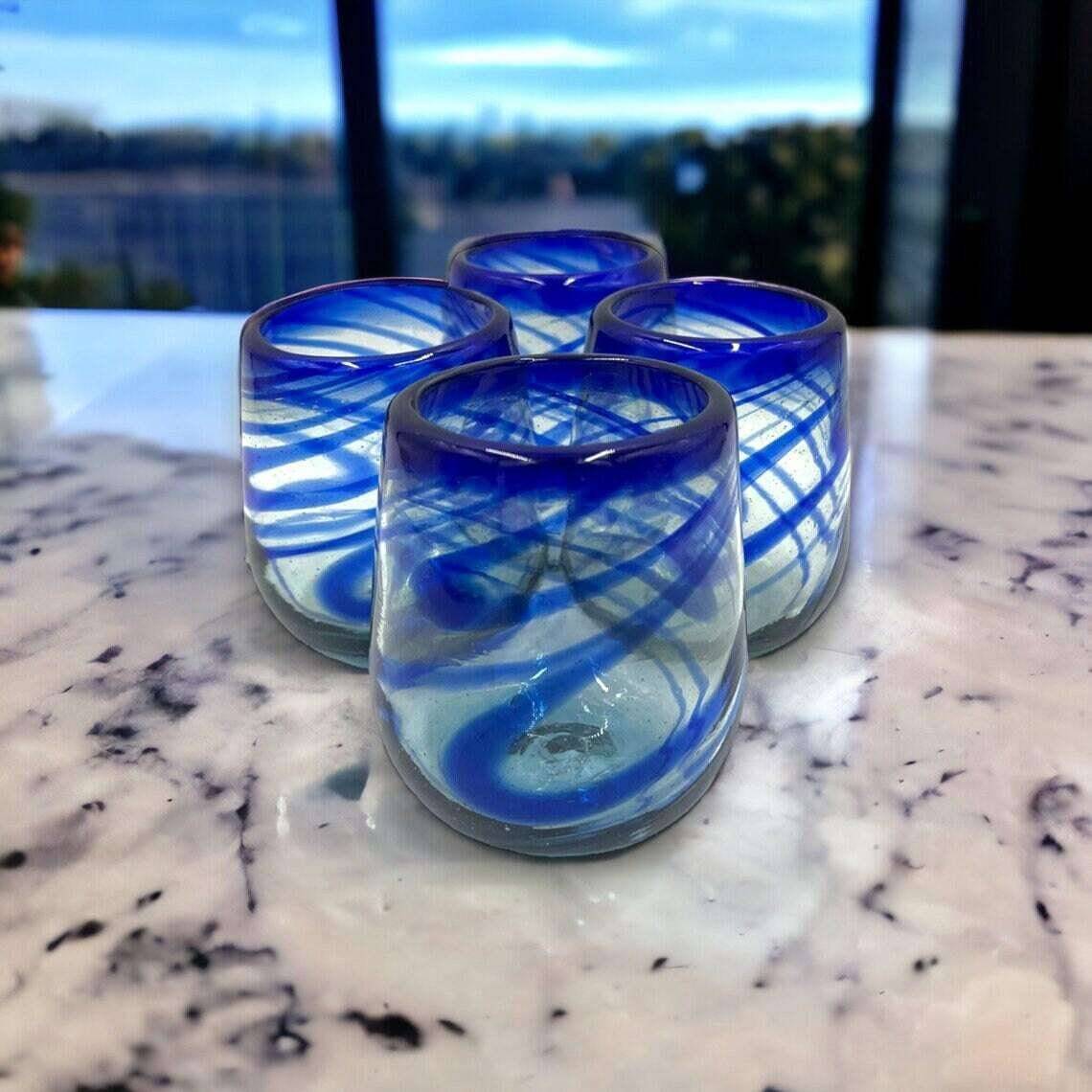 Mexican Stemless Wine Glass - Blue Swirl Design