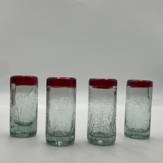 Hand-Blown Mexican Shot Glass | Red Rim with Unique Crackled Design