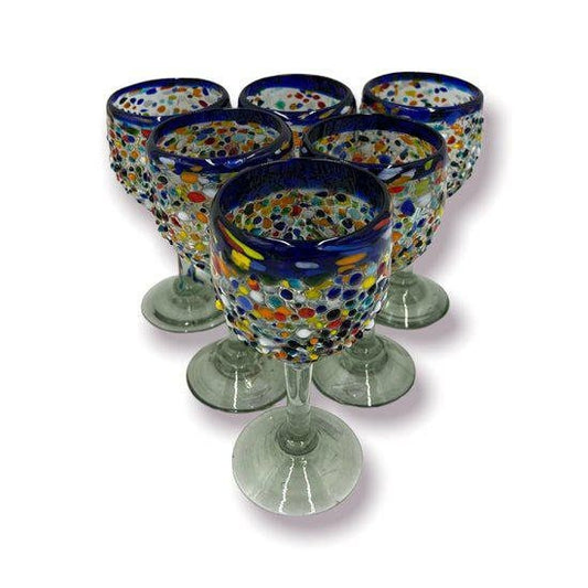 Hand Blown Confetti Wine Glasses | Blue Rim Pebbled Glasses