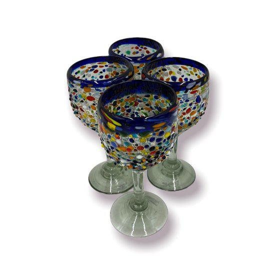 Hand Blown Confetti Wine Glasses | Blue Rim Pebbled Glasses