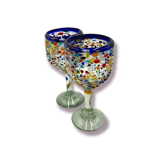 Hand Blown Confetti Wine Glasses | Blue Rim Pebbled Glasses