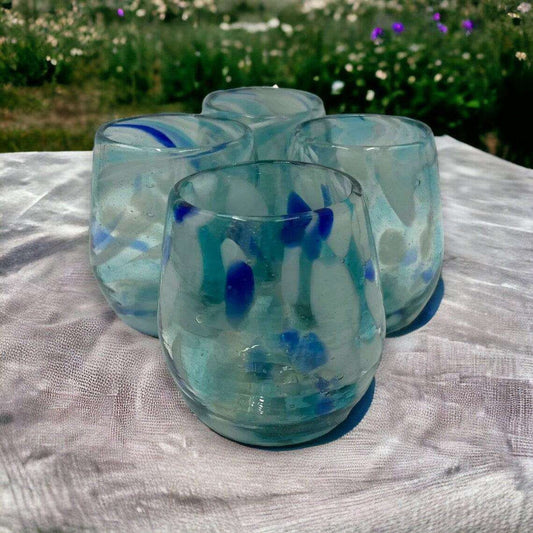Hand Blown Stemless Wine Glasses | White and Blue Snow Design