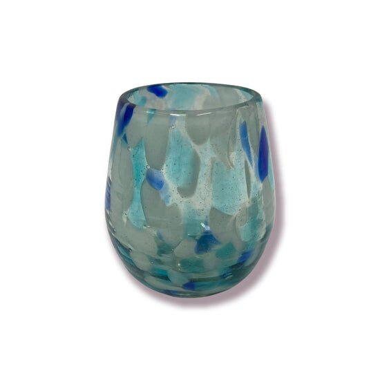 Hand Blown Stemless Wine Glasses | White and Blue Snow Design