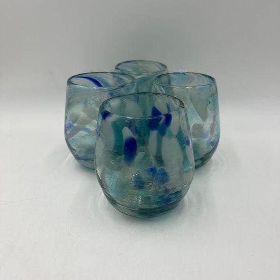 Hand Blown Stemless Wine Glasses | White and Blue Snow Design