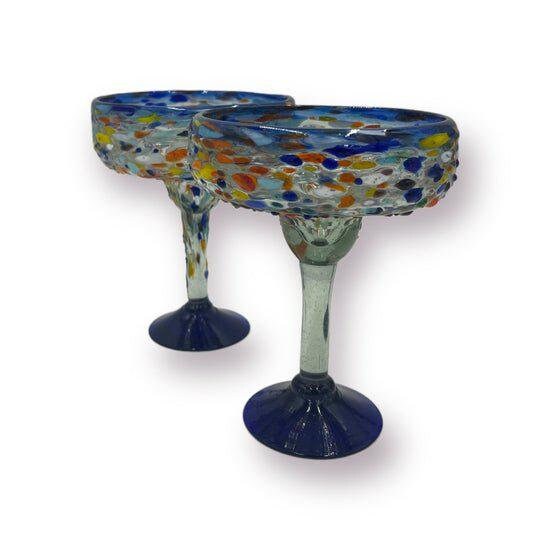 Vibrant Handblown Margarita Glass | Blue Confetti Rock Design