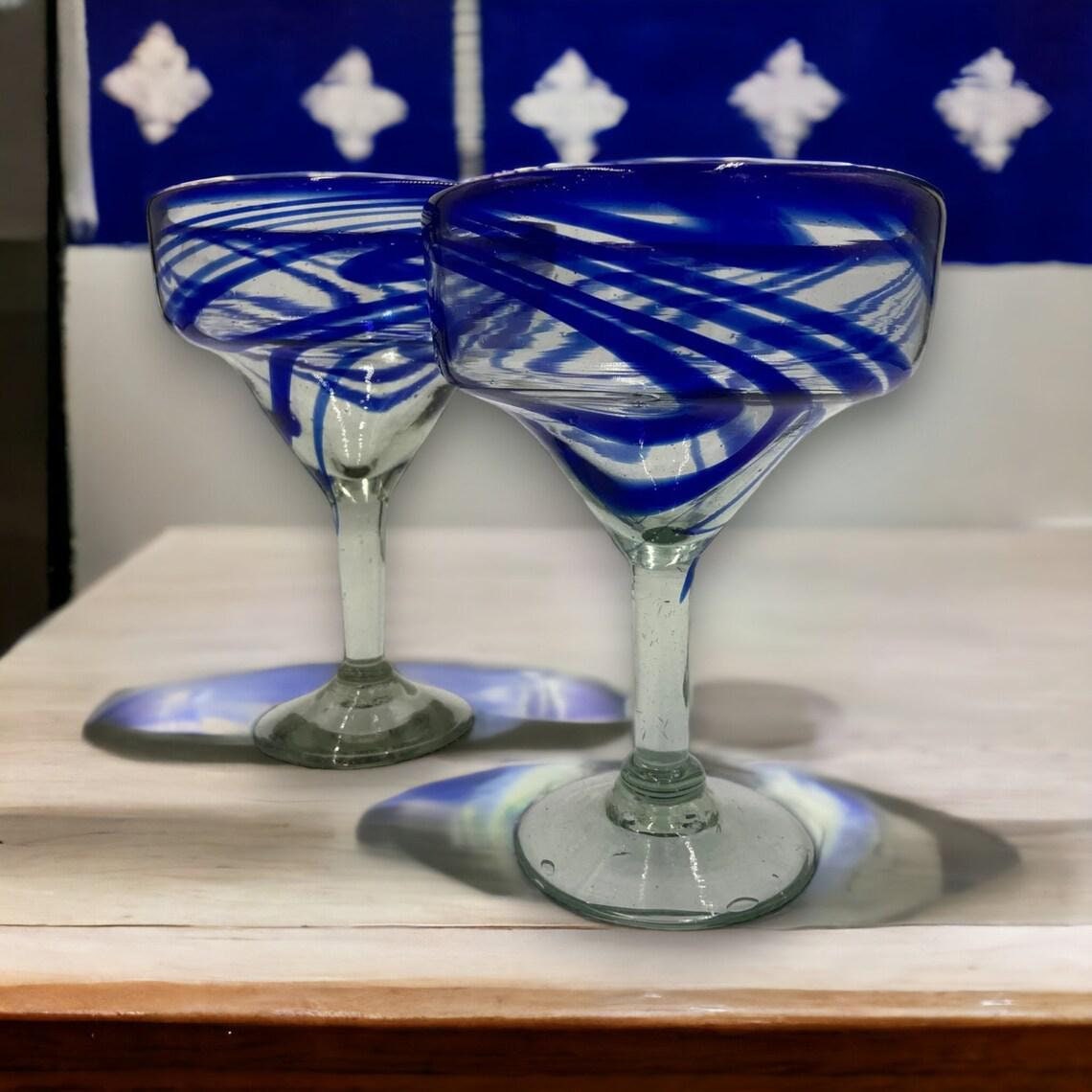 Vibrant Hand-Blown Mexican Margarita Glass | Blue Swirl Design