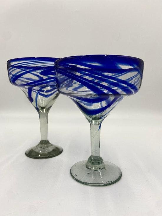 Vibrant Hand-Blown Mexican Margarita Glass | Blue Swirl Design