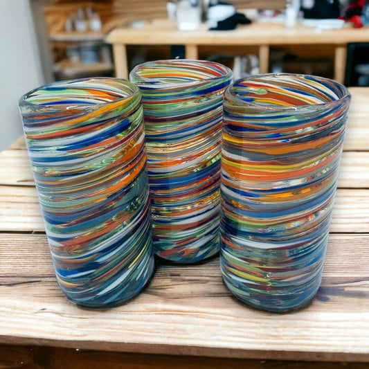 Set of 2 Colorful Hand-Blown Tumblers | Confetti Swirl Mexican Drinking Glasses